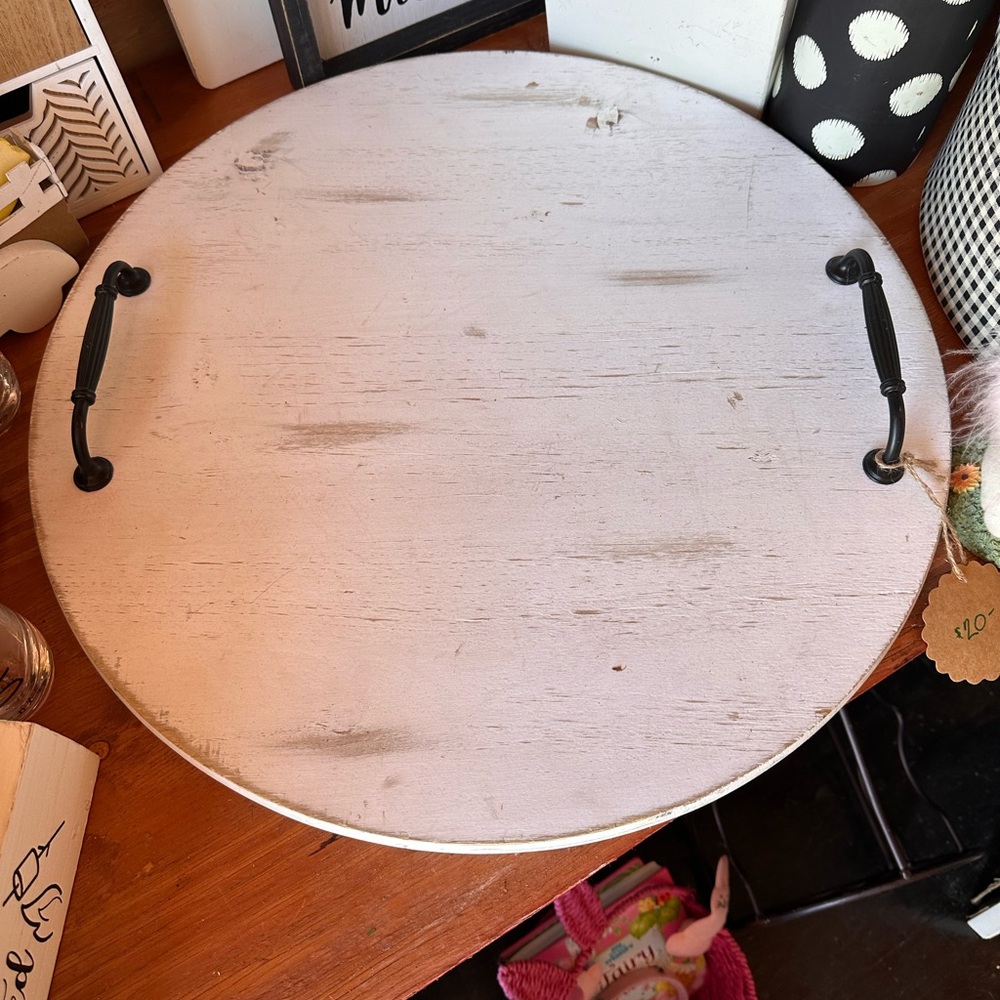 Round White Wooden Serving Tray with Black Handles